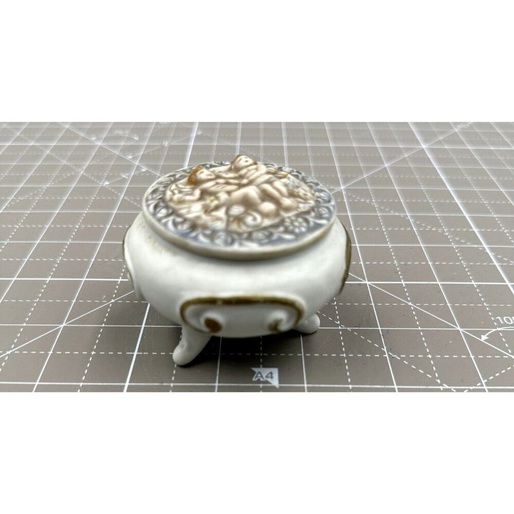 Cameo Ceramic Bisque Footed  Light Grey Trinket Box with Cherub Lid